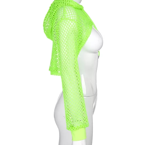 Fishnet Crop Top Shrug Cyber Hoodie Goth Neon Top - Picture 8 of 9
